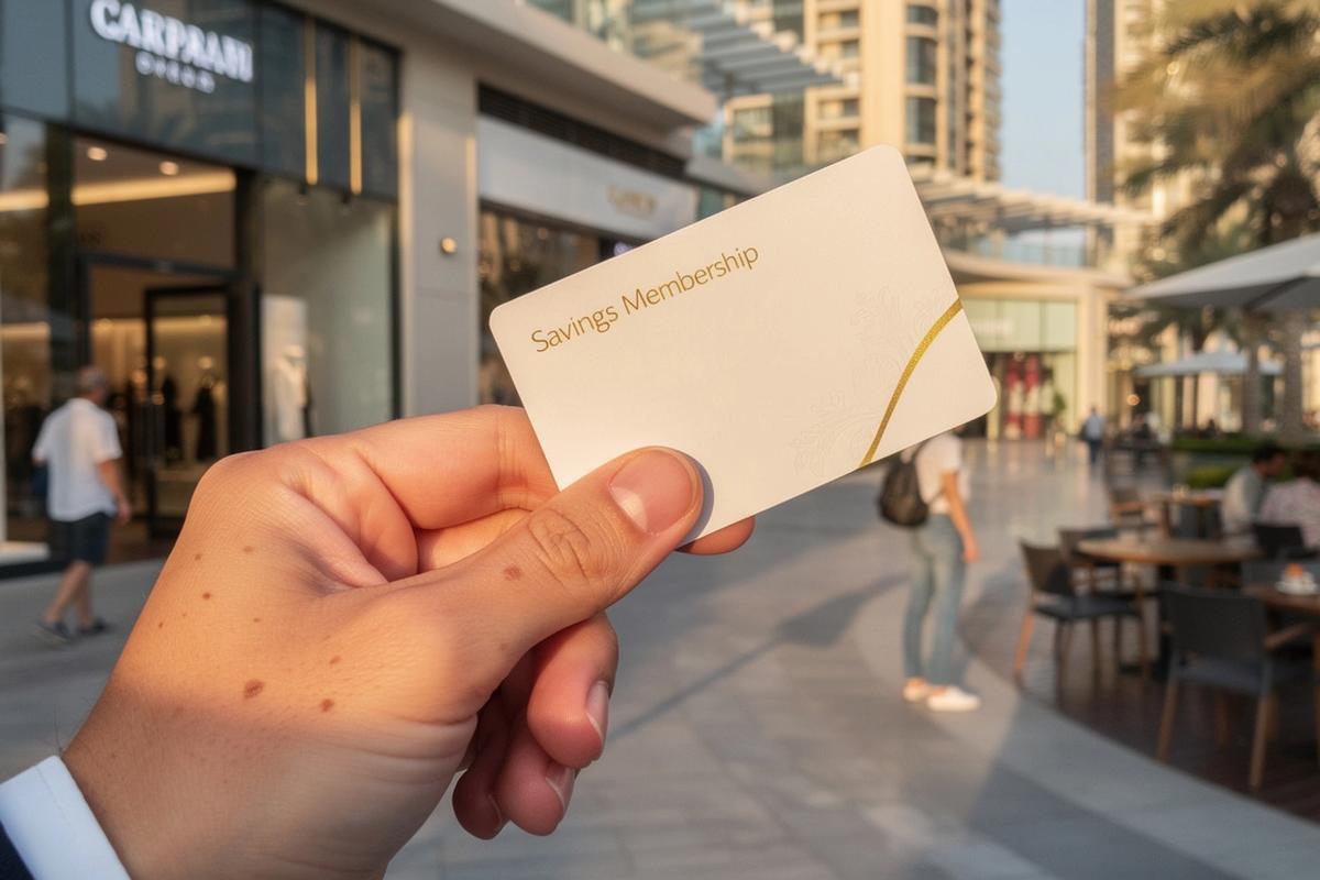 UAE shopping and lifestyle savings card concept with premium card and retail scene